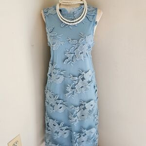 SHE + SKY FLORAL MESH SKY BLUE OVERLAY KNIT DRESS